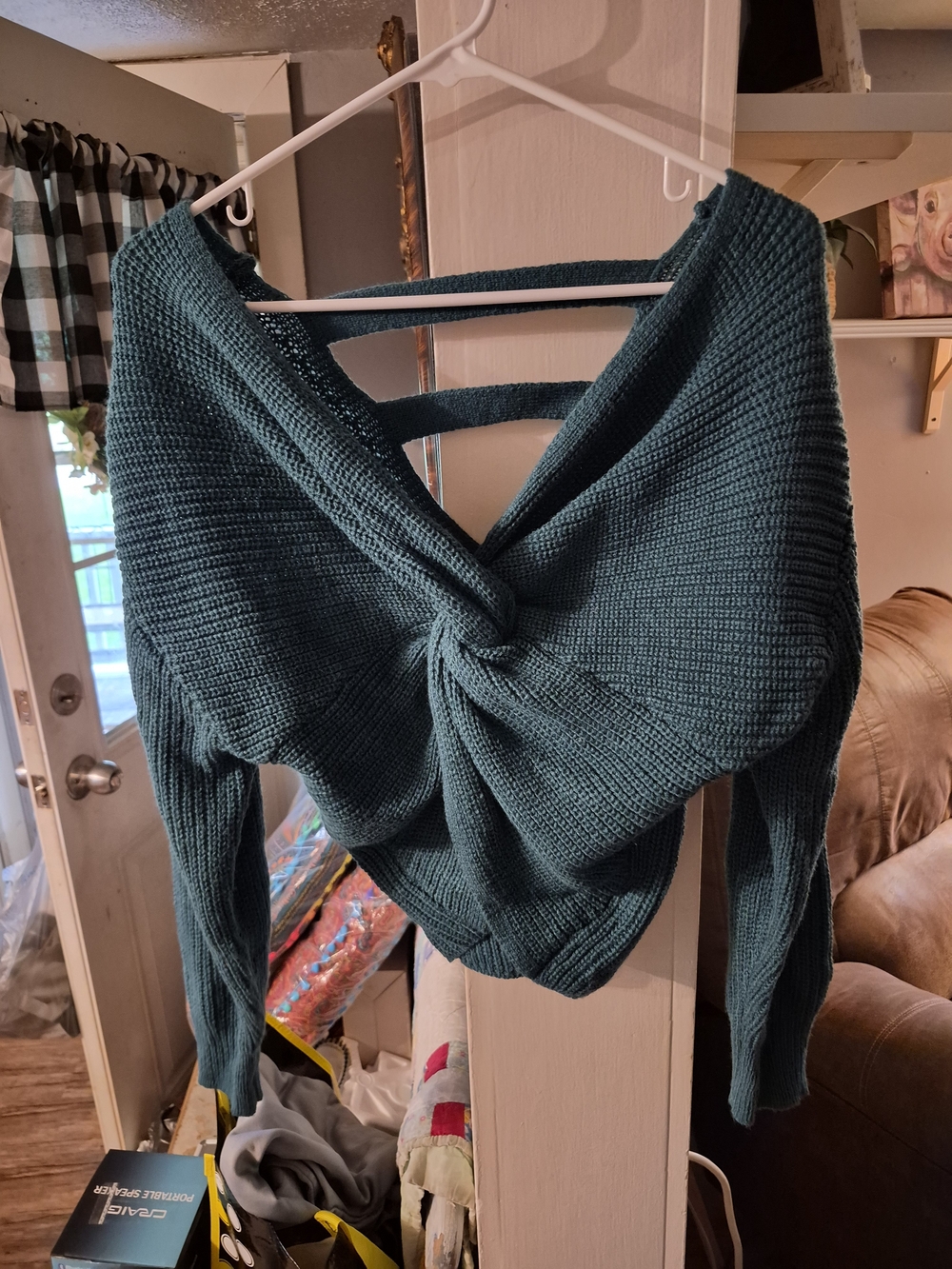 Zaful Teal Twist-Back Off-Shoulder Sweater